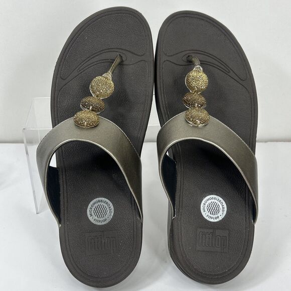 Fitflop Sandals Petra Womens Sz 11 Brown Metallic Gold Toe Post Embellished READ - Picture 6 of 11